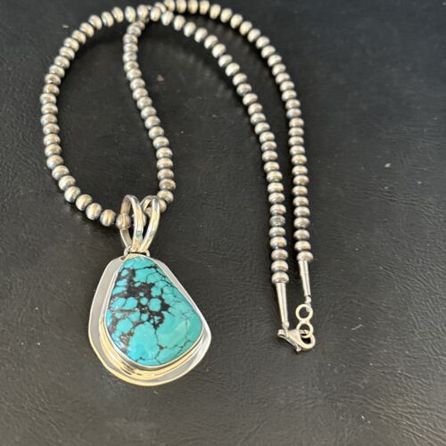 Men's Blue Spiderweb Turquoise Pendant Necklace | Navajo Sterling Silver | Authentic Native American Handmade | 14972
