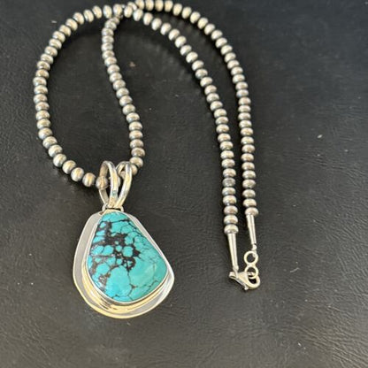 Men's Blue Spiderweb Turquoise Pendant Necklace | Navajo Sterling Silver | Authentic Native American Handmade | 14972