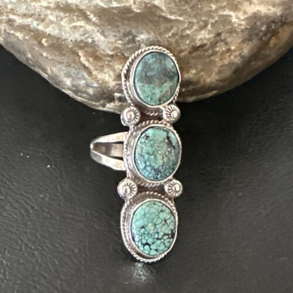 Navajo Blue Spiderweb Turquoise 3-Stone Ring | Authentic Native American Sterling Silver | Multi-Stone | Sz 9 | 16706