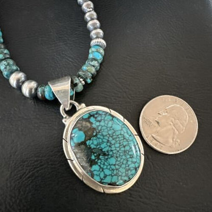 Men's Blue Spiderweb Turquoise Pendant Necklace | Navajo Sterling Silver | Authentic Native American Handmade | 17084