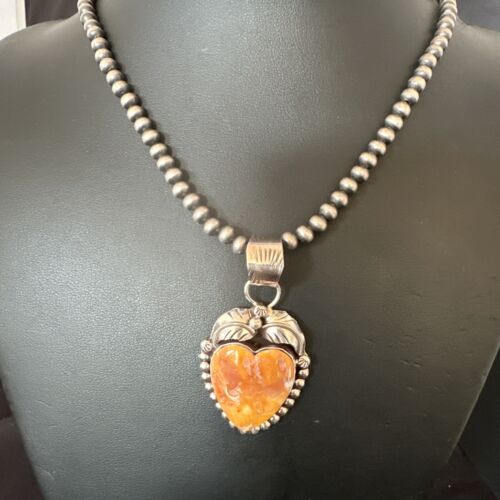 Navajo Orange Spiny Oyster Heart Pendant Necklace | Sterling Silver | Authentic Native American Handmade | 16551