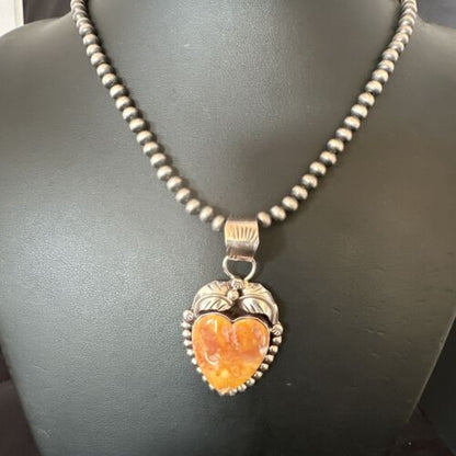 Navajo Orange Spiny Oyster Heart Pendant Necklace | Sterling Silver | Authentic Native American Handmade | 16551