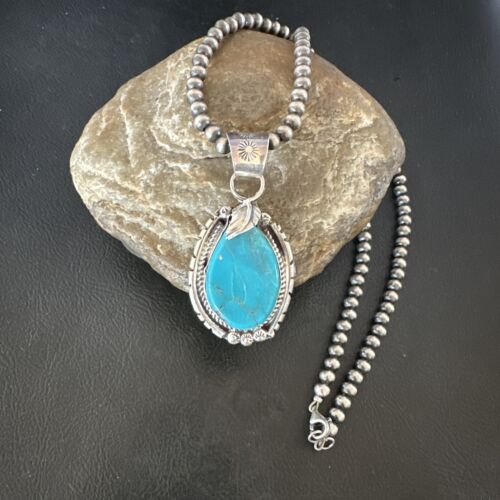 Men's Blue Kingman Turquoise Pendant Necklace | Navajo Pearls | Sterling Silver | 16019