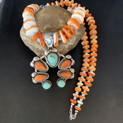 Orange Spiny Turquoise Naja Navajo Pendant Necklace | Sterling Silver | 30" | Authentic Native American Handmade | 14007