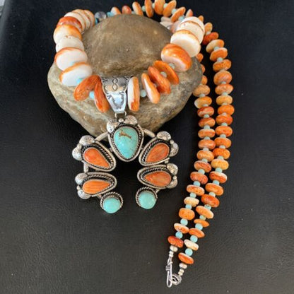 Orange Spiny Turquoise Naja Navajo Pendant Necklace | Sterling Silver | 30" | Authentic Native American Handmade | 14007