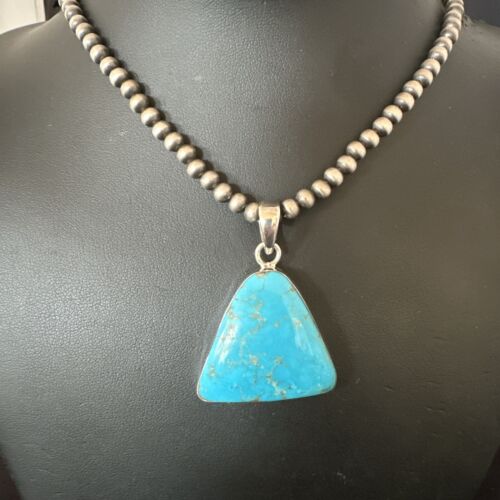 Blue Kingman Turquoise Pendant | Navajo Pearls | Sterling Silver Necklace 20" | 17009