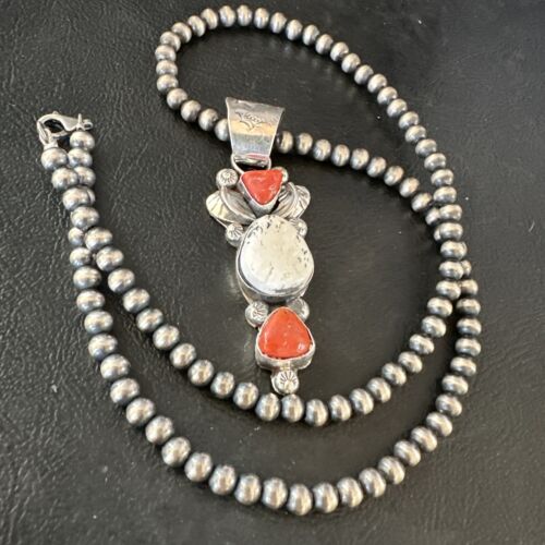 Navajo White Buffalo Coral Necklace | Sterling Silver | Native American Handmade | 15450