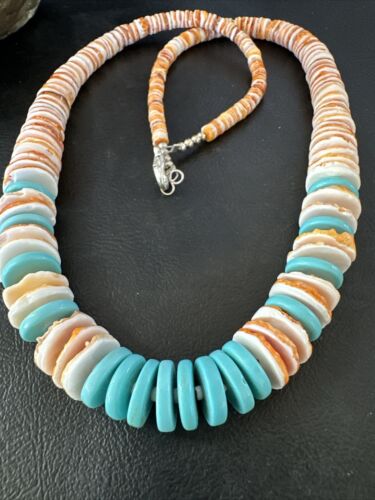Navajo Sterling Silver Blue Turquoise & Spiny Oyster Graduated Necklace | Authentic Native American | 23" | 16902