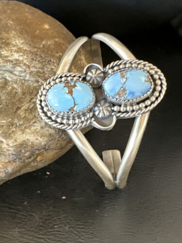 Navajo Blue Golden Hills Turquoise Cuff Bracelet | Sterling Silver | Authentic Native American Handmade | 16429