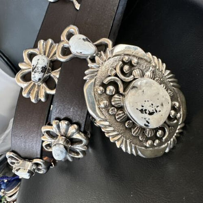Navajo White Buffalo Turquoise Concho Belt | Sterling Silver | 50" Buckles | Authentic Native American Handmade | 15527