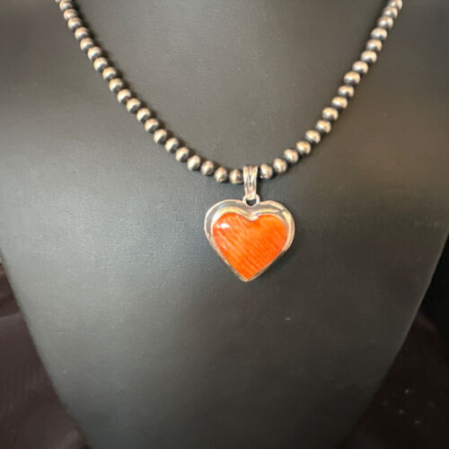 Navajo Orange Heart Spiny Oyster Pendant | Sterling Silver Necklace | Authentic Native American Handmade | 15014