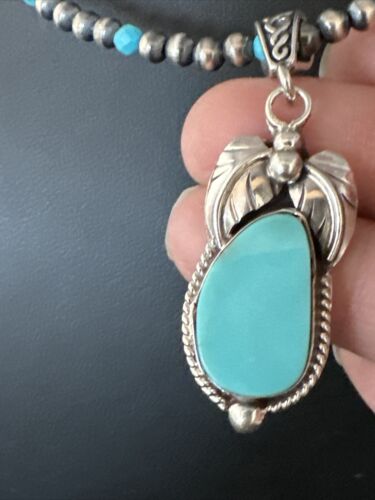 Navajo Pearls Kingman Turquoise Pendant Necklace | Sterling Silver | Authentic Native American Handmade | 14894