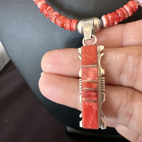 Navajo Red Spiny Oyster Pendant Necklace | Sterling Silver Inlay | Authentic Native American Handmade | 16853