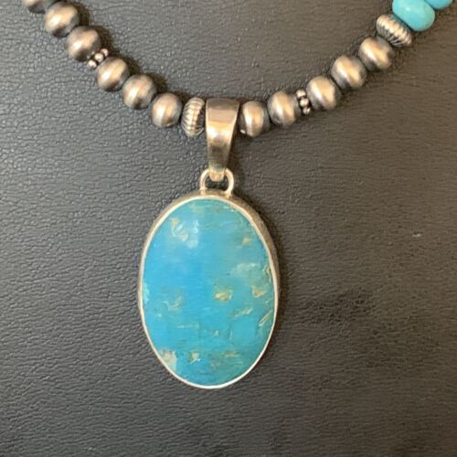 Navajo Blue Turquoise Pendant Necklace | Sterling Silver | Authentic Native American Handmade | 13867