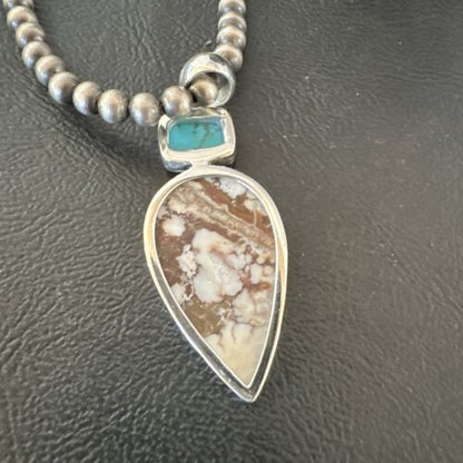 Navajo Wild Horse | Blue Kingman Turquoise Necklace | Sterling Silver | Authentic Native American Handmade | 17310
