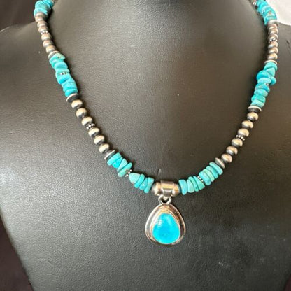 Navajo Men's Blue Kingman Turquoise Pendant Necklace | Sterling Silver | 21" | Authentic Native American Handmade | 17552