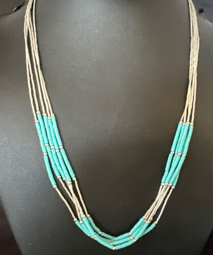 Turquoise 5-Strand Heishi Necklace | Liquid Sterling Silver | Authentic Native American Handmade | 15046