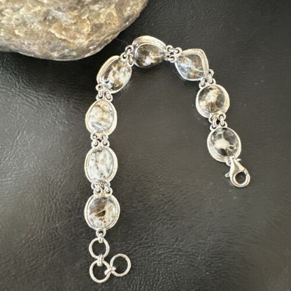 White Buffalo Turquoise 8-Stone Navajo Sterling Silver Link Bracelet | 8" | Handmade Jewelry 16378