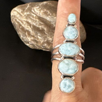Navajo Blue Larimar Multi-Stone Ring | Authentic Native American Sterling Silver | Multi-Stone | Sz 8.5 | 16006