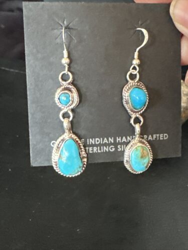 Kingman Turquoise Dangle Earrings | Navajo Handmade | Sterling Silver | Authentic Native American | 14867