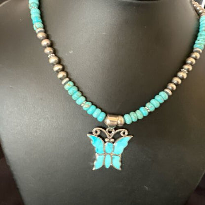 Navajo Butterfly Blue Ridge Turquoise Inlay Pendant | Sterling Silver Necklace | Authentic Native American Handmade | 17059