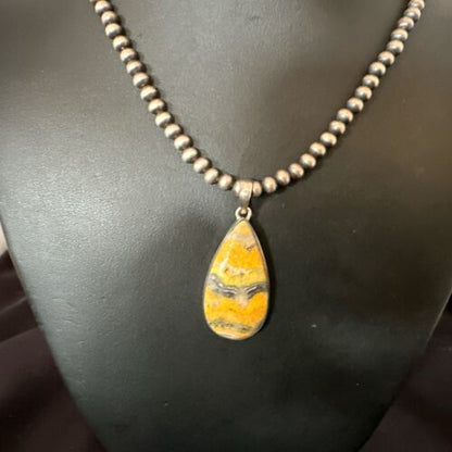 Navajo BumbleBee Jasper Pendant Necklace | Sterling Silver Pearls | Authentic Native American Handmade | 16843