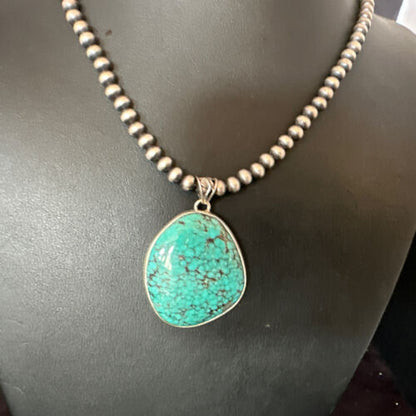 Men's Navajo Blue Spiderweb Turquoise Pendant Necklace | Sterling Silver | Authentic Native American Handmade | 16216