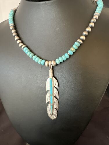Men's Turquoise Inlay Feather Pendant Necklace | Sterling Silver | Authentic Native American Handmade | 17249