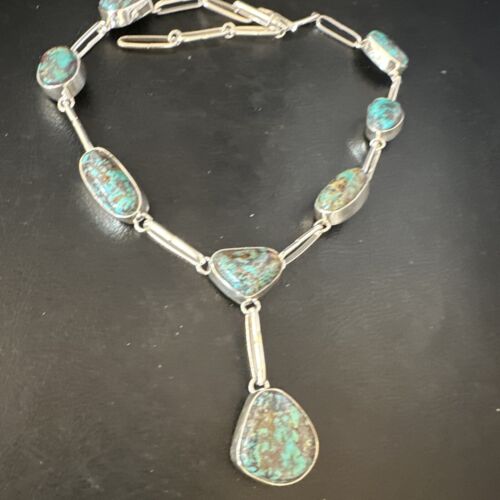 Navajo Blue Spiderweb Turquoise Lariat Necklace | Sterling Silver Pendant | 18" | 14959