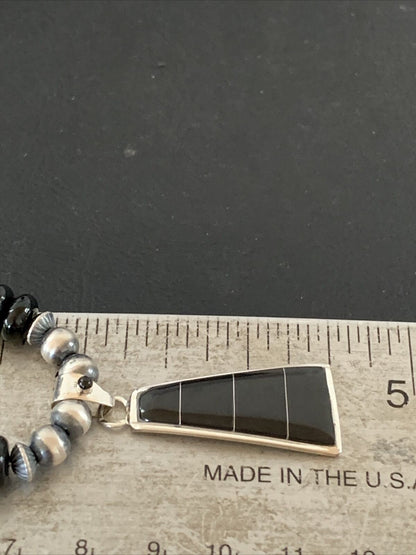 Navajo Black Onyx Bead Inlay Pendant Necklace | Sterling Silver | Native American Handmade | 01939