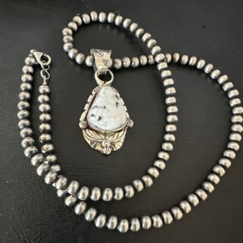 Men's White Buffalo Turquoise Pendant Necklace | Navajo Pearls | Sterling Silver | Native American Handmade | 17335