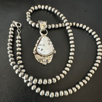 Men's White Buffalo Turquoise Pendant Necklace | Navajo Pearls | Sterling Silver | Native American Handmade | 17335