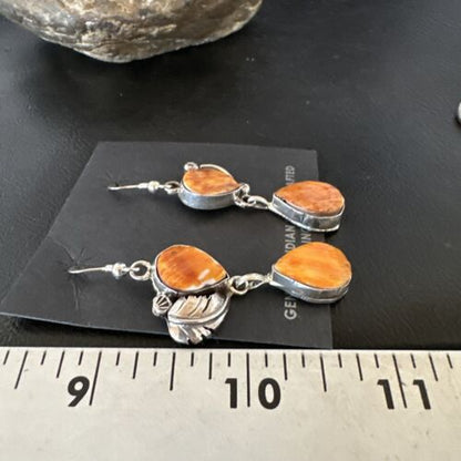Navajo Orange Spiny Oyster Dangle Earrings | Sterling Silver | 1.5" | Authentic Native American Handmade | 16566
