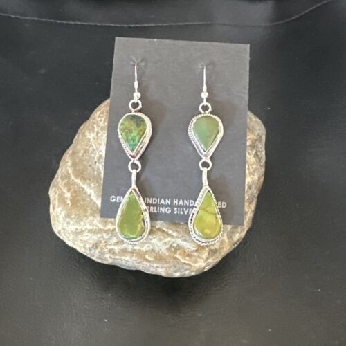 Navajo Green Royston Turquoise Dangle Earrings | Sterling Silver | Authentic Native American Handmade | 16490 - Masha USA