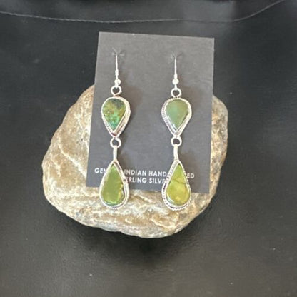 Navajo Green Royston Turquoise Dangle Earrings | Sterling Silver | Authentic Native American Handmade | 16490 - Masha USA