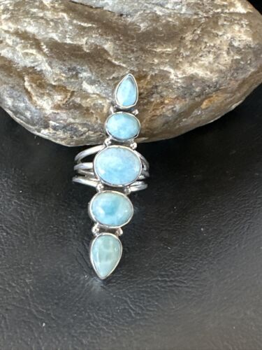 Navajo Blue Larimar Cluster Ring | Authentic Native American Sterling Silver | Multi-Stone | Sz 7 | 16156