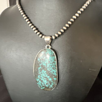 Navajo Blue Spiderweb Turquoise Pendant Necklace | Sterling Silver Pearls | Authentic Native American Handmade | 15568