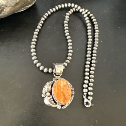 Women's Orange Spiny Oyster Pendant | Navajo Pearls Sterling Silver Necklace 21" | 16555