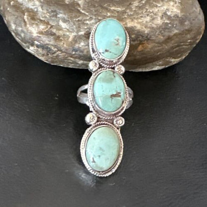 Navajo Blue Dry Creek Turquoise 3-Stone Ring | Authentic Native American Sterling Silver | Multi-Stone | Sz 11 | 16734