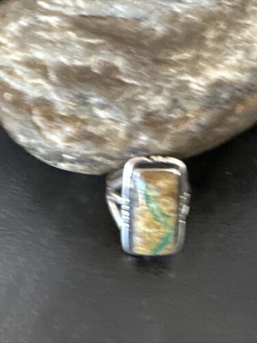 Navajo Ribbon Boulder Green Turquoise Ring | Sterling Silver | Sz 8 | Authentic Native American Handmade | 16385
