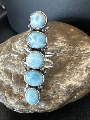 Navajo Blue Larimar Multi-Stone Cluster Ring | Authentic Native American Sterling Silver | Sz 7.5 | 15942