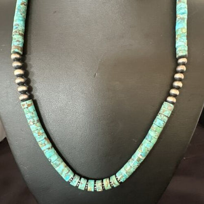 Navajo Blue Turquoise Heishi Bead Necklace | Sterling Silver | 21" | Authentic Native American Handmade | 17257