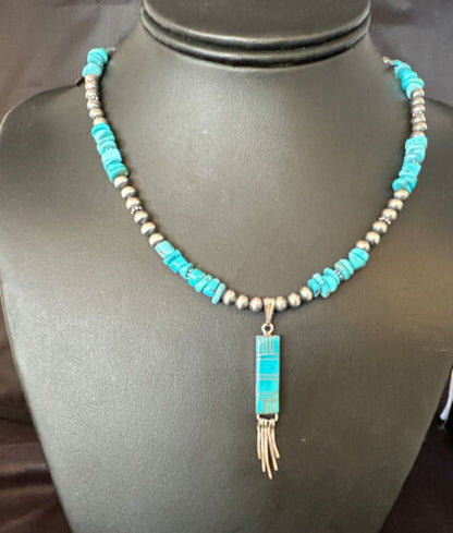 Navajo Kingman Turquoise Pendant Necklace | Sterling Silver | Native American Handmade | 14827