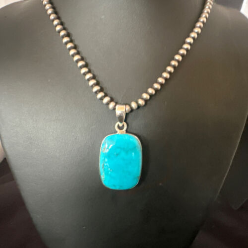 Navajo Blue Kingman Turquoise Pendant Necklace | Sterling Silver | 20" | Authentic Native American Handmade | 16695