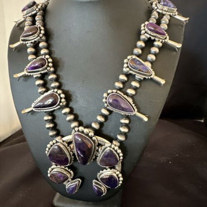 Navajo Squash Blossom Necklace with Purple Sugilite Pendant | Sterling Silver | 28" | 16940