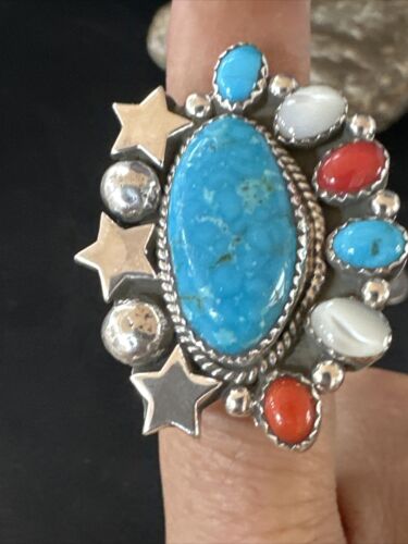 Navajo Coral Mother of Pearl Turquoise Multi-Stone Adjustable Ring | Authentic Native American Sterling Silver | Multi-Stone | 15331