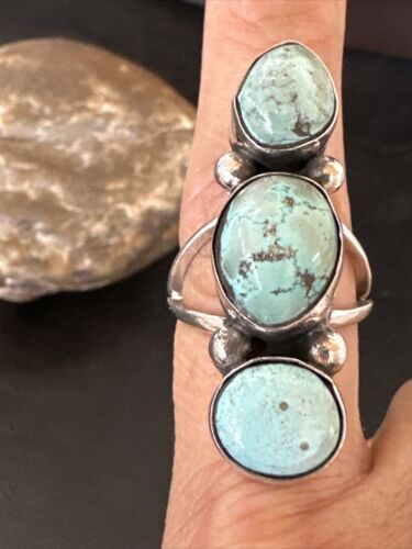 Navajo Blue Dry Creek Turquoise Cluster Ring | Authentic Native American Sterling Silver | Multi-Stone | Sz 8.5 | 17839