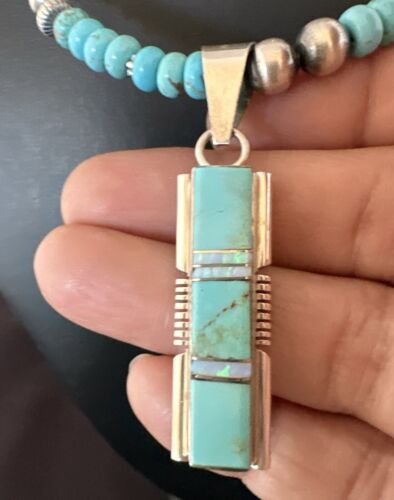 Turquoise #8 Inlay Pendant Necklace | Navajo Sterling Silver | Authentic Native American Handmade | 17073