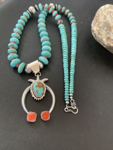 Navajo Blue Turquoise Coral Naja Pendant Necklace | Sterling Silver | Authentic Native American Handmade | 02082