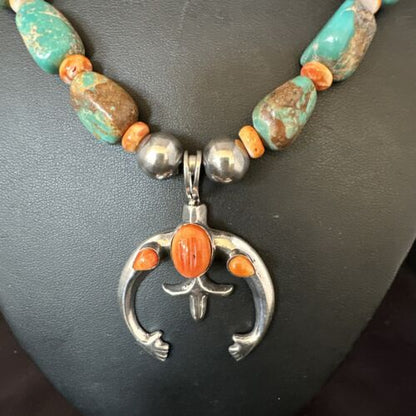 Men's Green Turquoise Spiny Oyster Naja Pendant Necklace | Navajo Sterling Silver | 22" | Authentic Native American Handmade | 15225